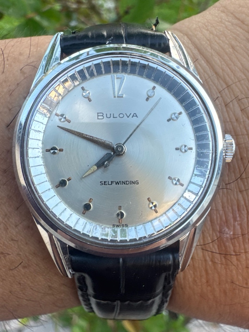 Bulova Silver Dial Selfwinding Watch with Black Leather Strap